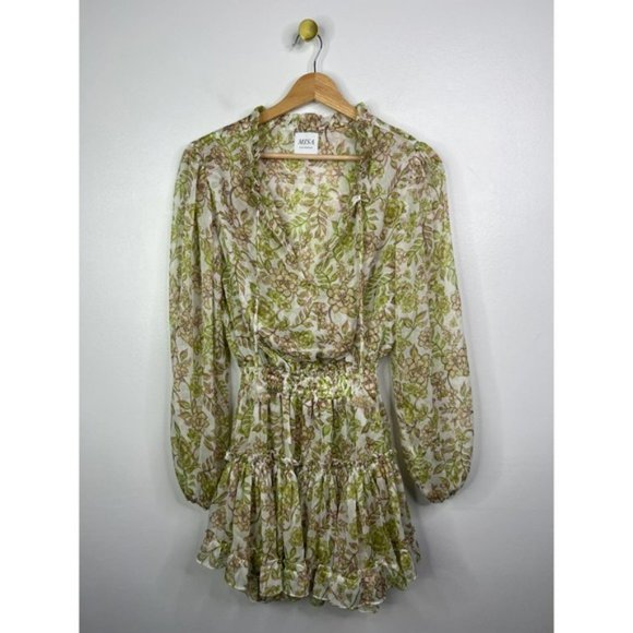 Misa Ruffle Drawstring Neck Elastic Waist Mini Dress Women's Green Size: XS NWOT - Picture 2 of 9